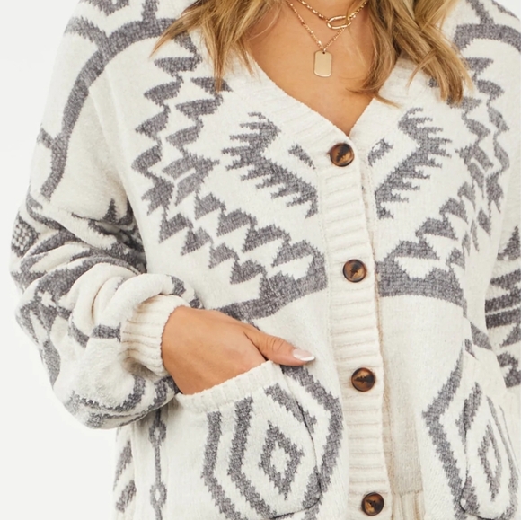 Soft ivory southwestern multi print v-neck chenille cardigan balloon sleeve - Picture 5 of 10